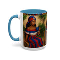 Mug with a design of a woman holding a cup, set against a white background
