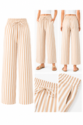 Collage of beige and white striped pants with a person wearing them on a white background.