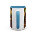 White mug with blue interior and handle featuring a colorful design on a white background