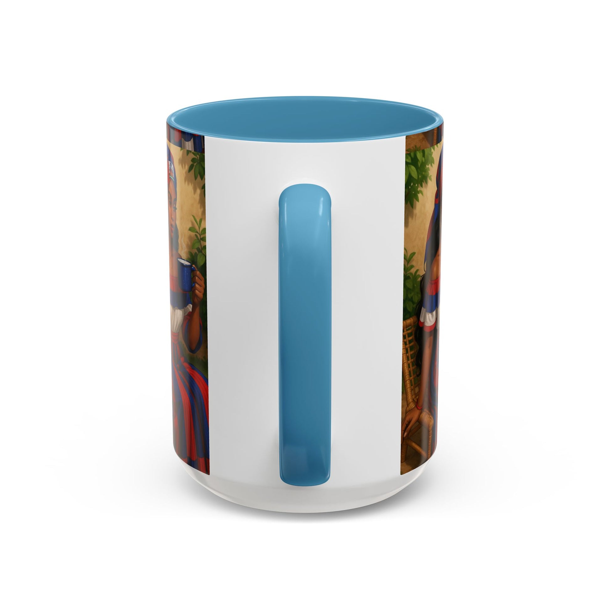 White mug with blue interior and handle featuring a colorful design on a white background