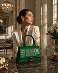A woman in a white blazer sits in an elegant room, looking thoughtfully to the side while a structured emerald green crocodile-embossed handbag rests on a polished marble table in the foreground.