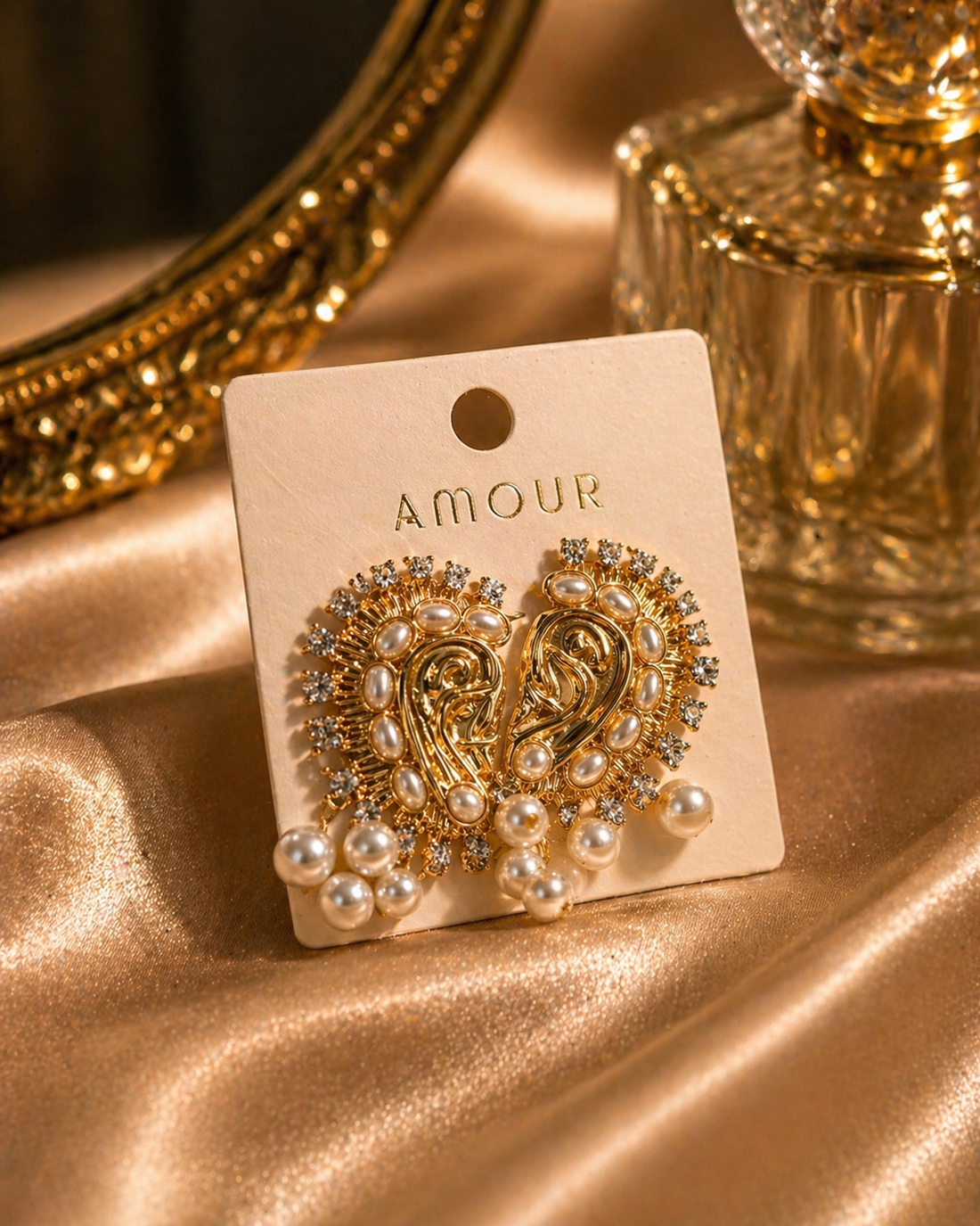 Gold and pearl brooch on a 'AMOUR' branded card with a gold mirror and perfume bottle in the background.