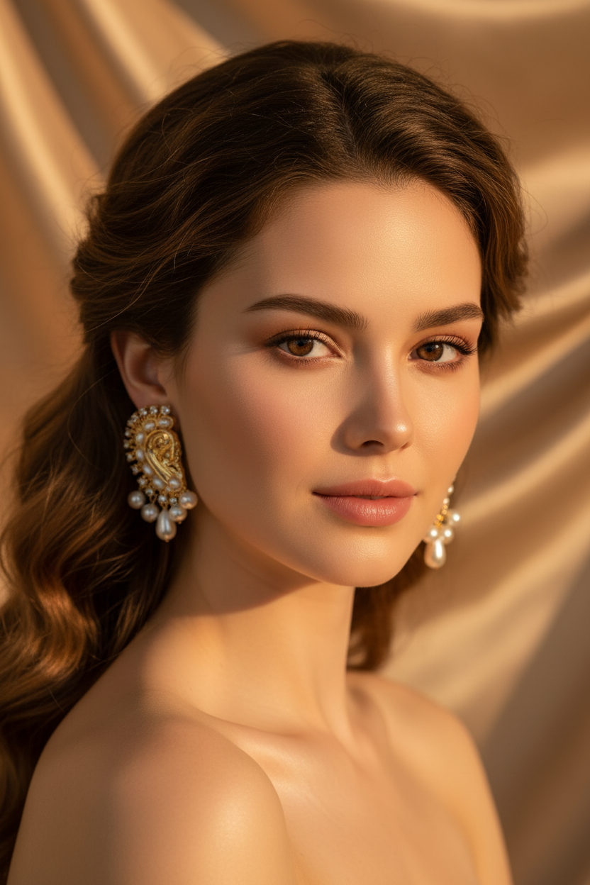 A close-up portrait of a woman with styled brown hair wearing large ornate gold and pearl drop earrings, set against a draped beige satin background.