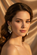 A close-up portrait of a woman with styled brown hair wearing large ornate gold and pearl drop earrings, set against a draped beige satin background.