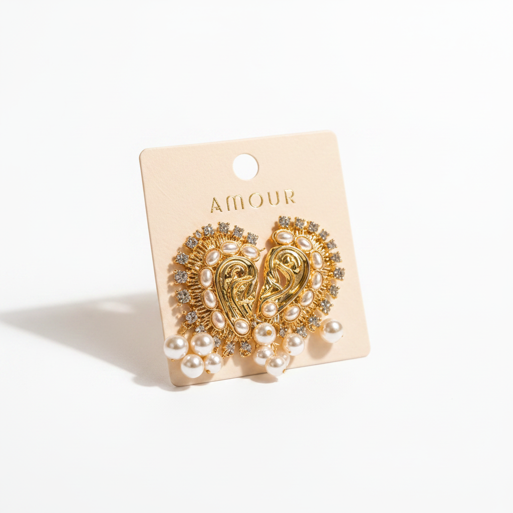 A pair of gold heart-shaped earrings with pearl drops and small clear rhinestone accents, displayed on a beige card labeled 'AMOUR' against a white background.