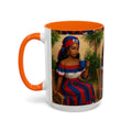 Mug with a colorful design of a woman holding a cup on a white background