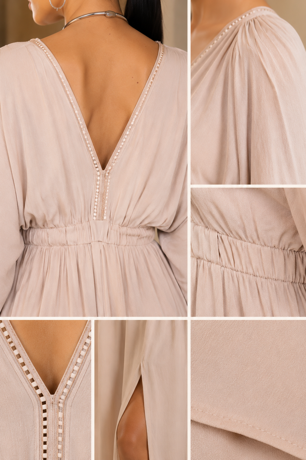 A six-panel collage showing details of a long-sleeve blush pink dress, including the back view with a deep V-neckline accented with pearl-like studs, a close-up of the shoulder, the gathered waist, a detail of the neckline trim, a side slit view, and a fabric close-up.