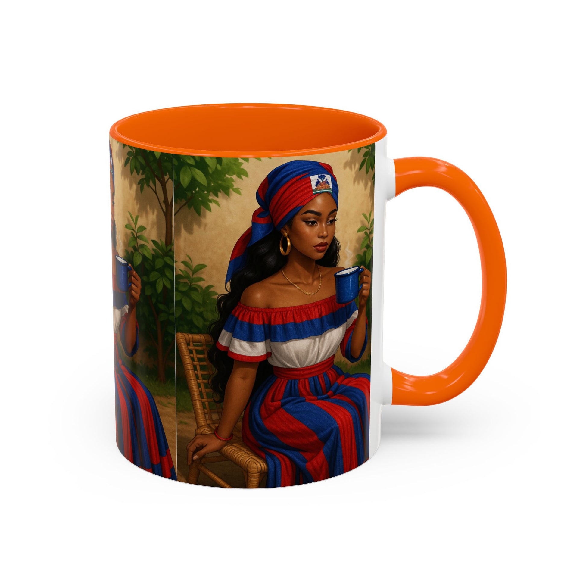 Mug with a colorful design of a woman holding a cup on a white background