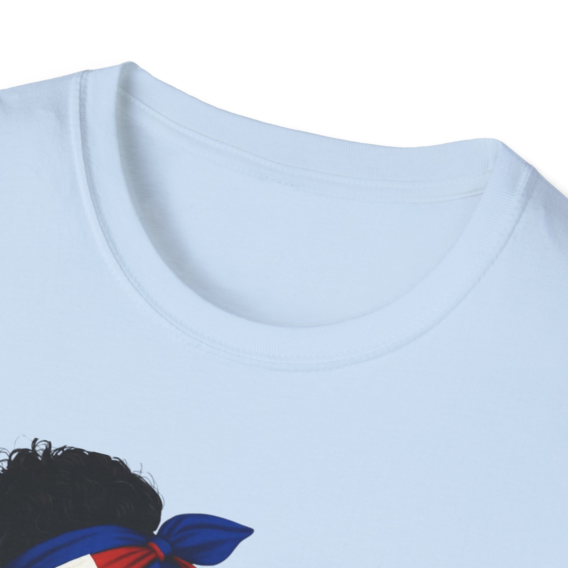 Light blue t-shirt with a graphic of a person with braided hair and a colorful headband on a white background.