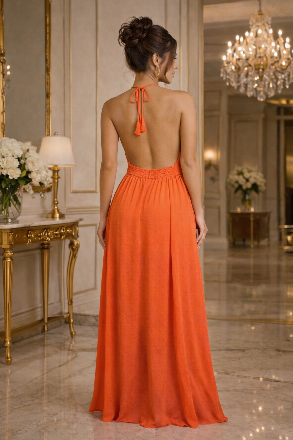 Woman in an orange dress standing in a elegant room with chandelier and table.