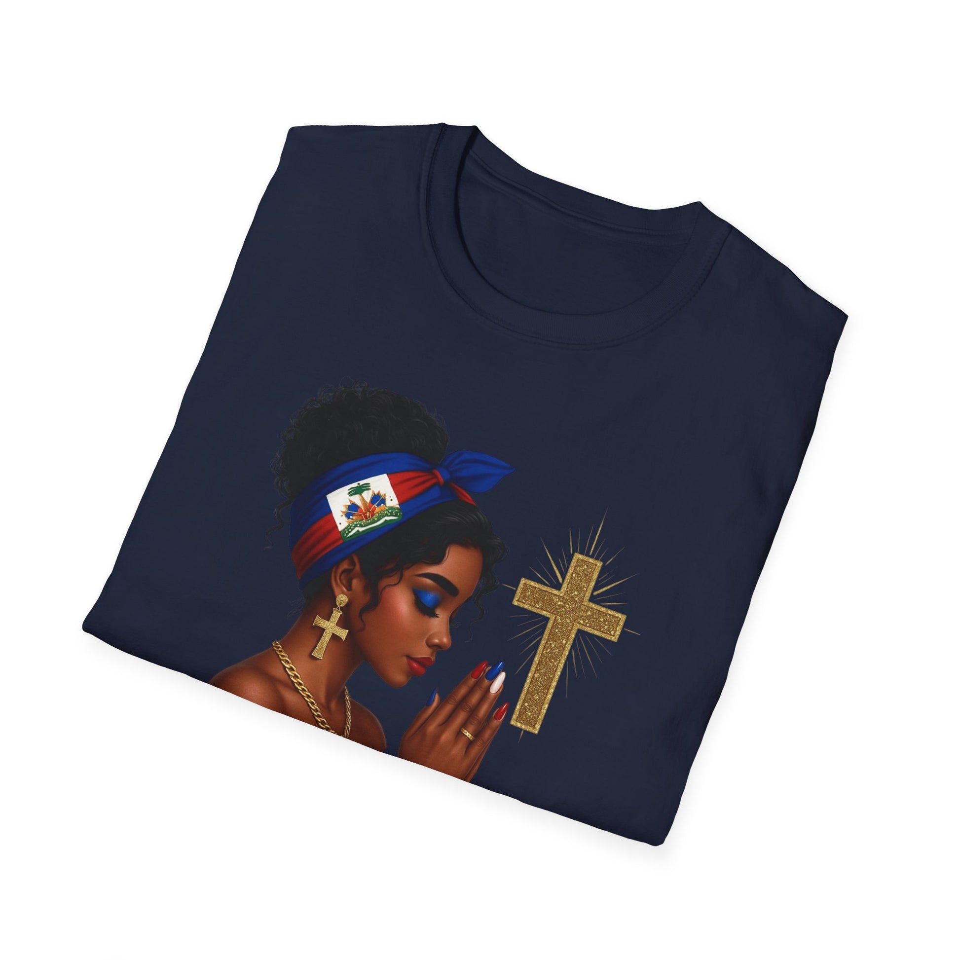 Navy blue t-shirt with a graphic of a woman, cross, and flag on a white background