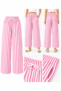 Pink and white striped pants displayed in various angles on a white background