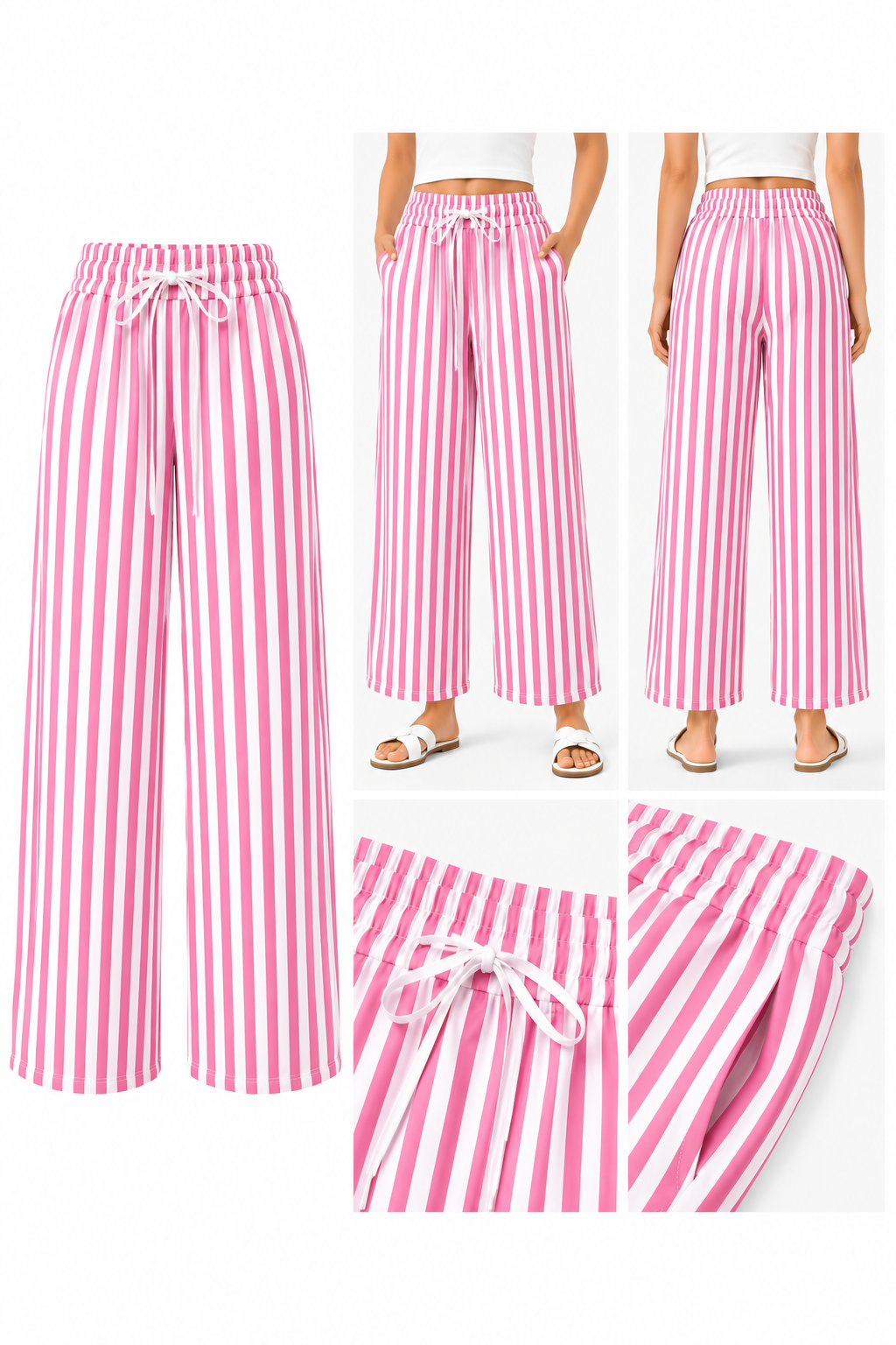 Pink and white striped pants displayed in various angles on a white background