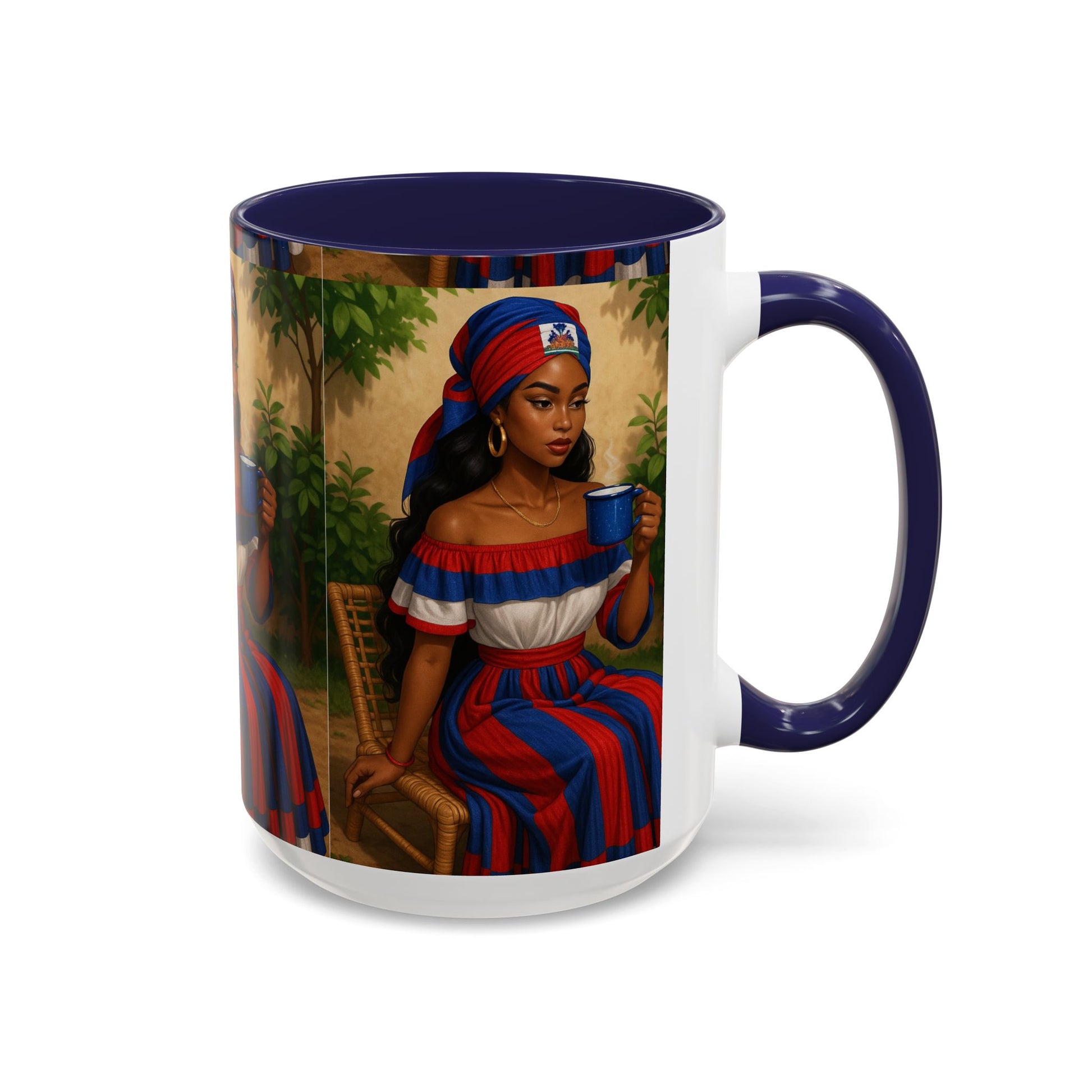 Mug with a design of a woman holding a cup on a white background
