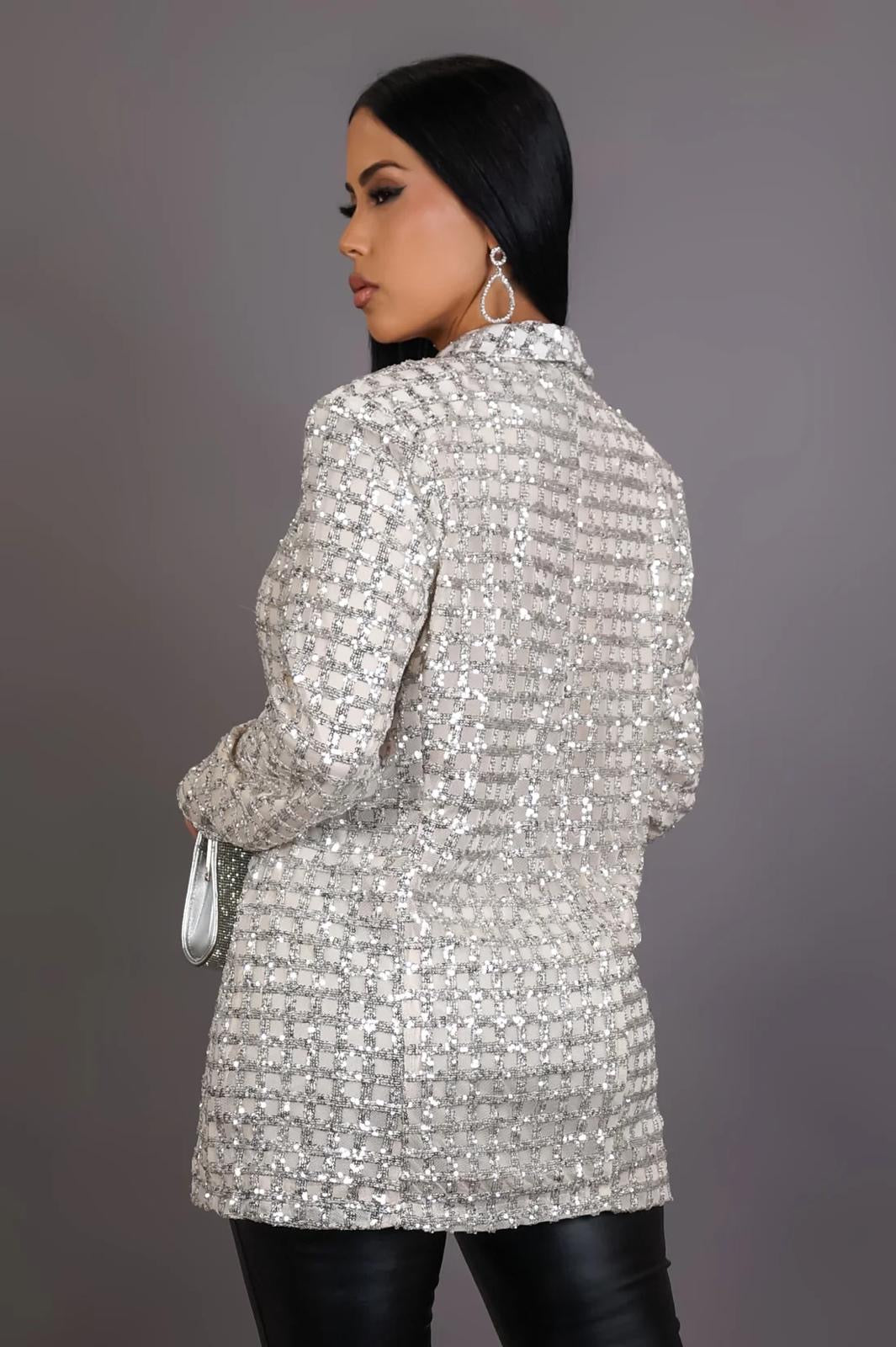 ✨ Luxe Silver Sequin Blazer – Statement Elegance