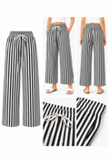 Black and white striped wide-leg pants displayed on a white background with multiple angles shown.