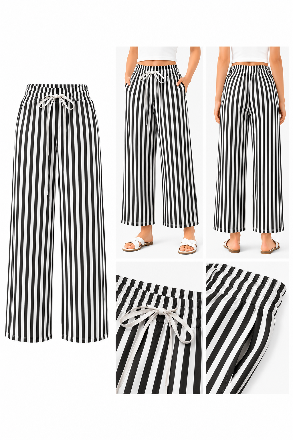 Black and white striped wide-leg pants displayed on a white background with multiple angles shown.