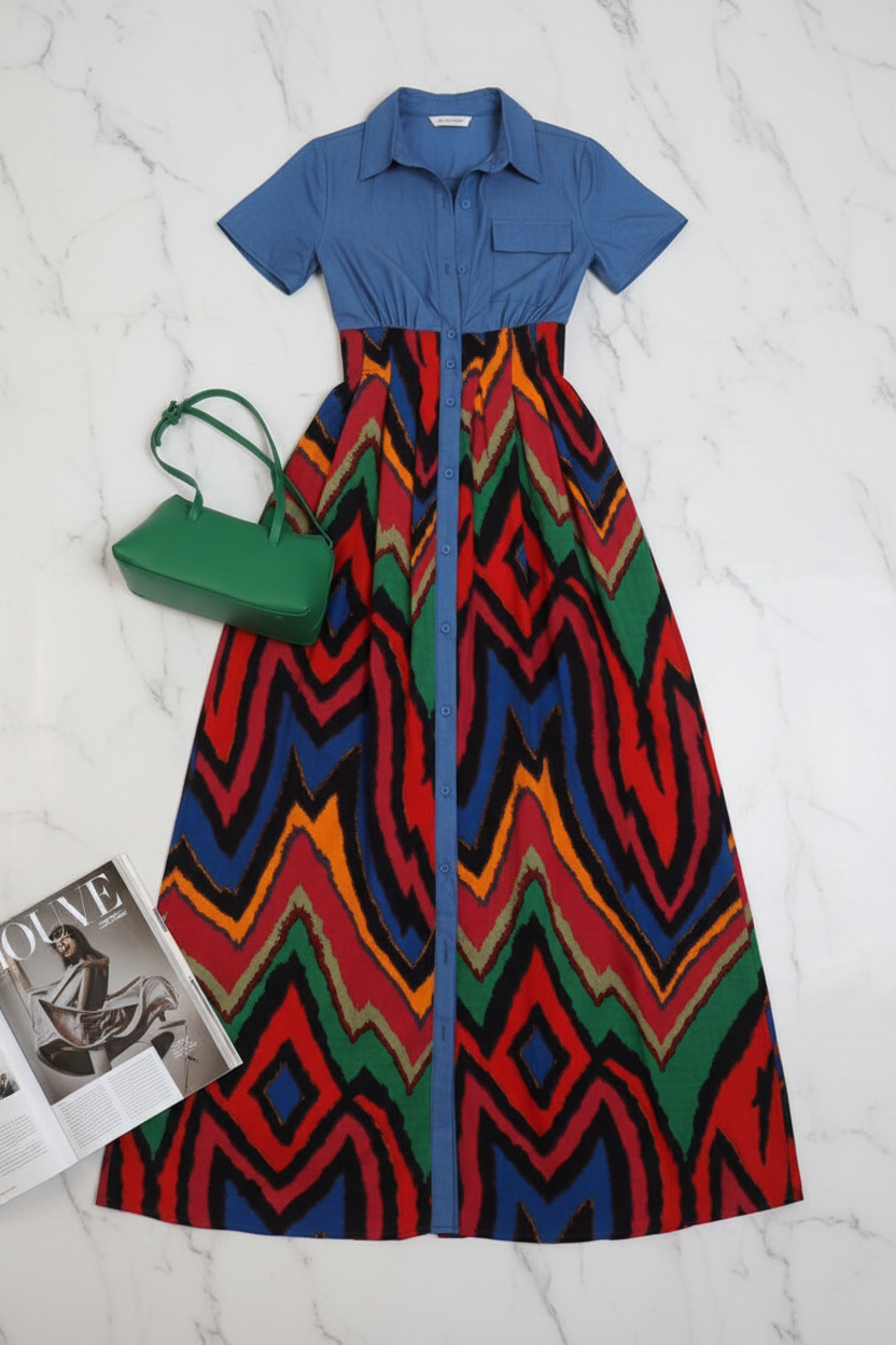 A short-sleeve collared dress laid flat on a white marble surface, featuring a solid blue upper bodice and a vibrant multicolor zigzag patterned skirt in red, blue, green, orange, and black. A green handbag and a magazine are styled alongside the dress.
