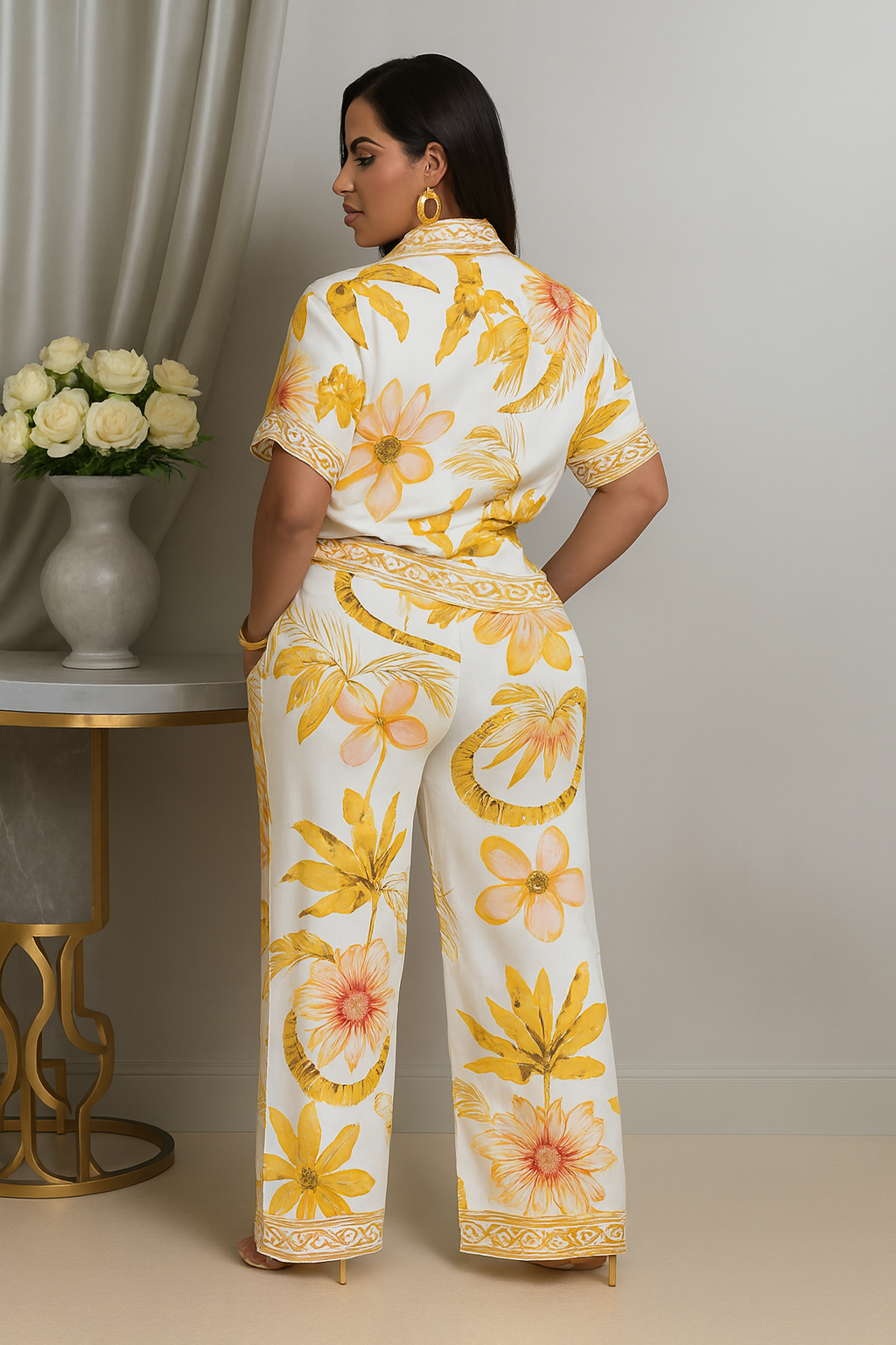 Golden Bloom Floral Print Two-Piece Set