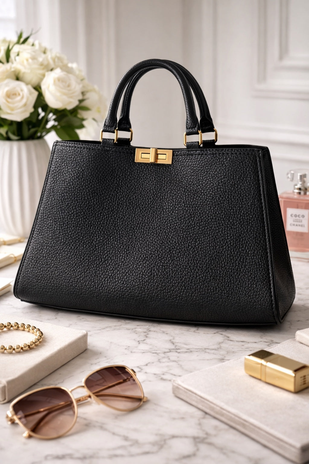 Black handbag with gold accents on a marble surface with sunglasses and a book.
