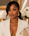 A woman with styled black hair wears a white blazer and gold-and-pearl drop earrings, holding a woven beige handbag in an elegant indoor setting with white flowers and gold decor.