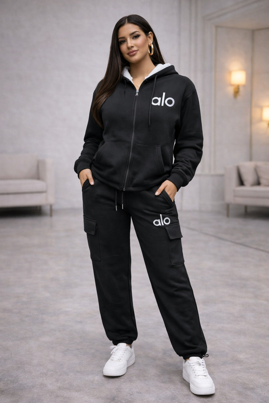 Woman wearing a black tracksuit with 'alo' logo in a modern indoor setting