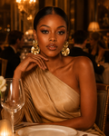 A woman seated at a dinner table in a warmly lit restaurant or event space, wearing a draped champagne-gold one-shoulder dress and large gold statement earrings.