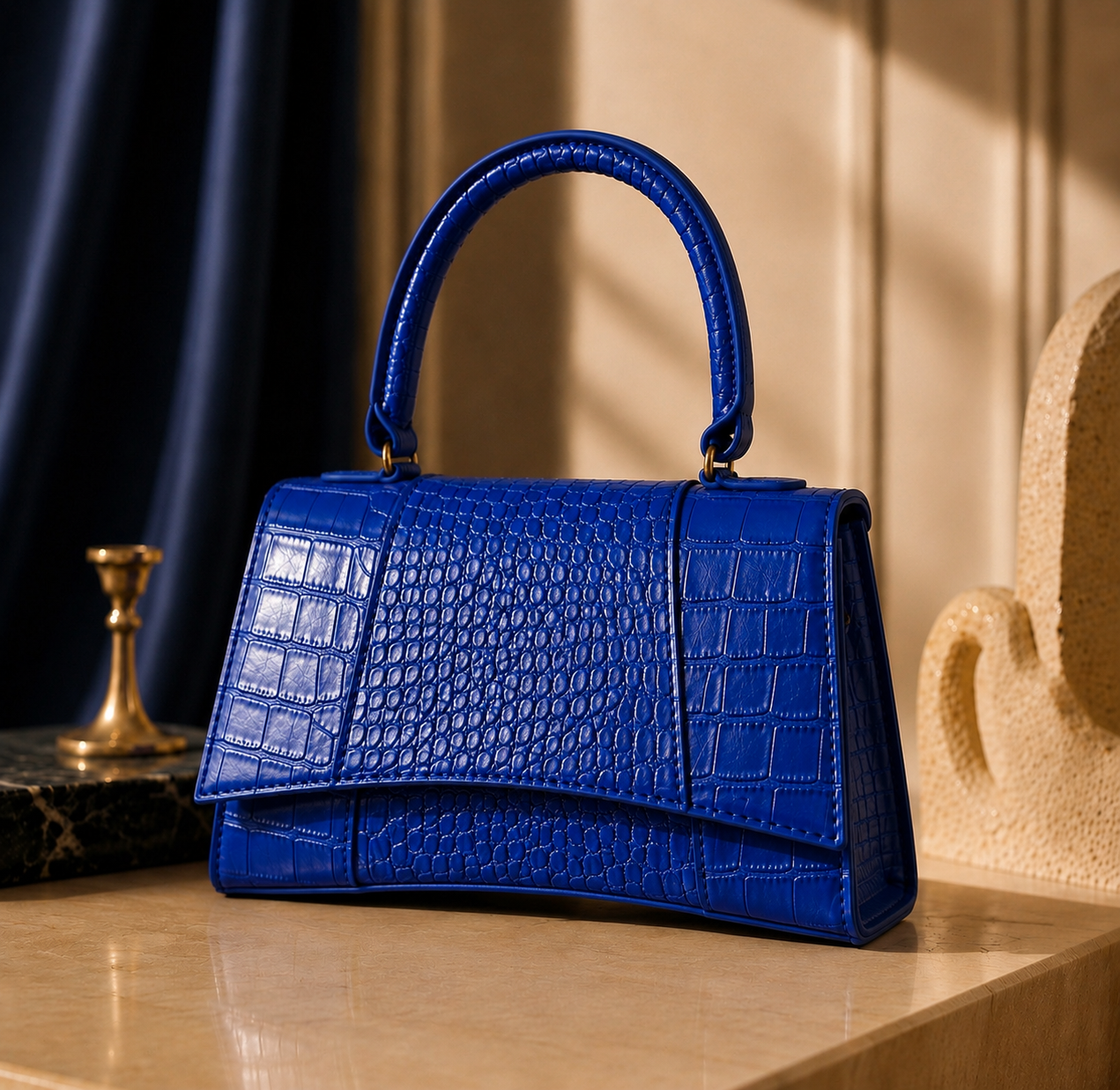 A royal blue crocodile-embossed leather handbag with a top handle, displayed on a polished wooden table with elegant background props.