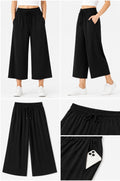 Black wide-leg pants displayed in various angles on a white background