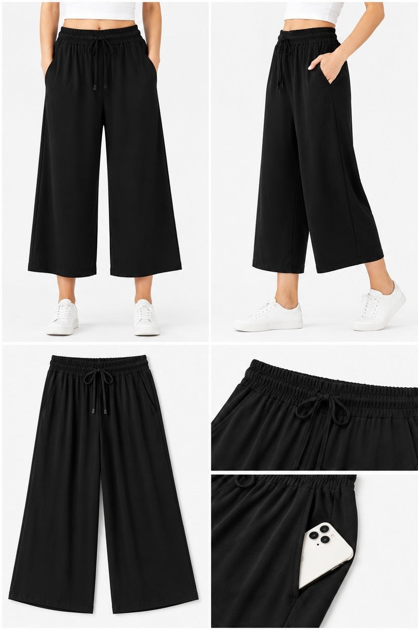Black wide-leg pants displayed in various angles on a white background