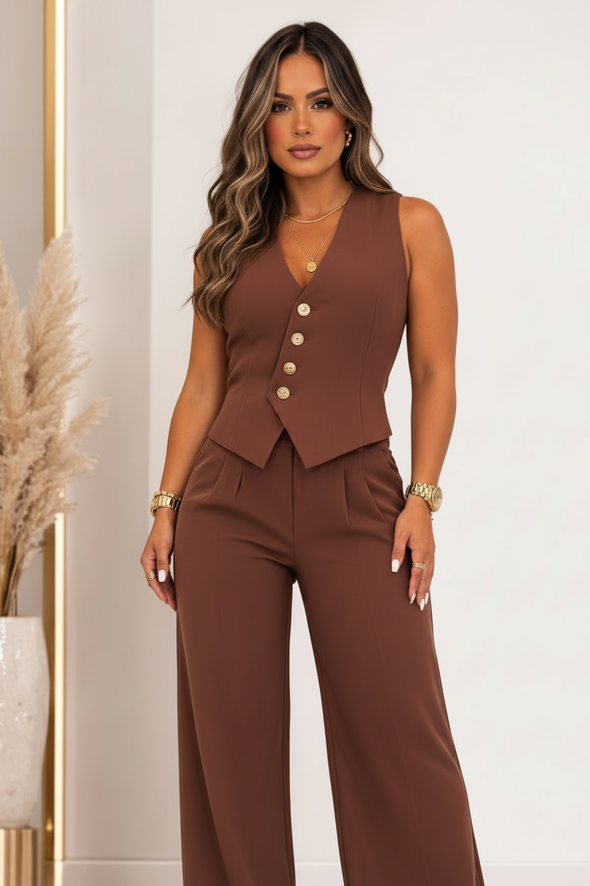 A woman models a sleeveless brown jumpsuit with a structured corset-style bodice, decorative gold buttons down the front, and matching wide-leg pants. She is standing in a brightly lit indoor setting with a neutral wall and a decorative vase of pampas grass in the background.