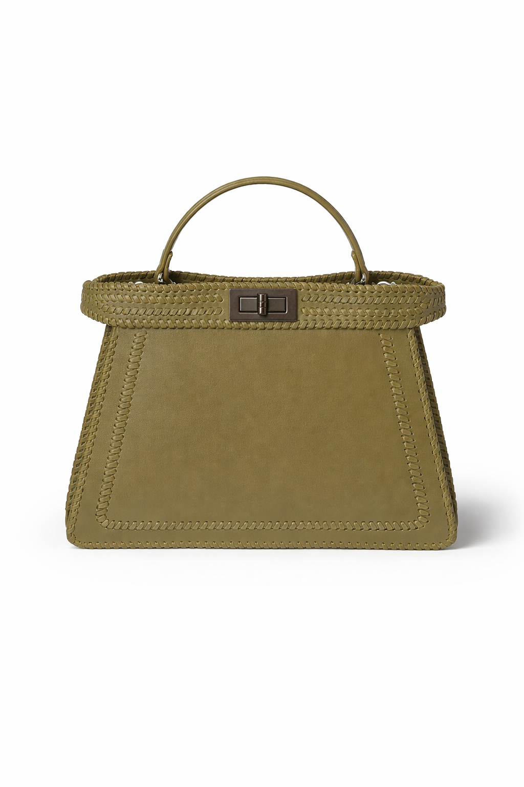 Green handbag with braided handle on a white background