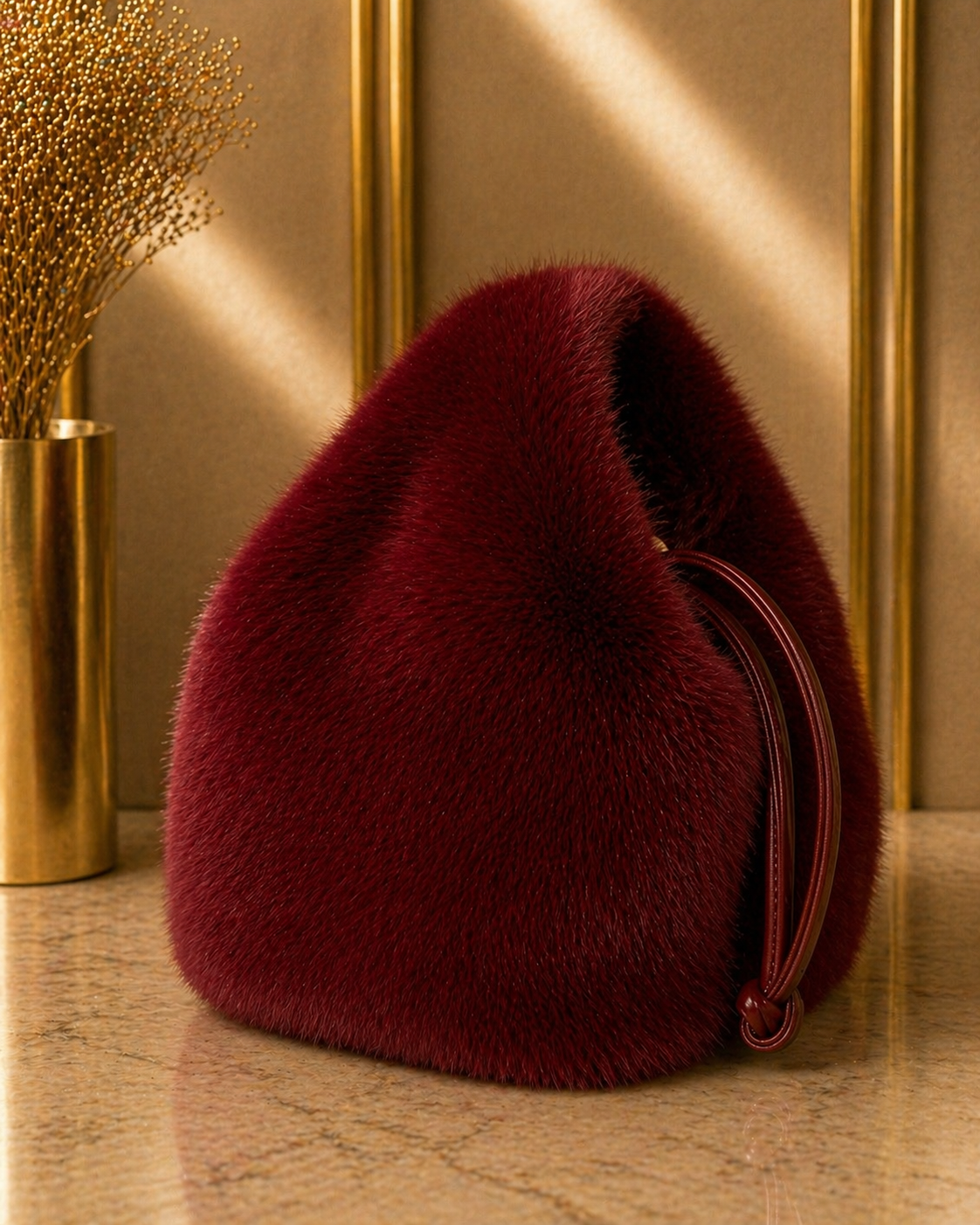 Red fluffy bag on a wooden surface with a gold vase in the background