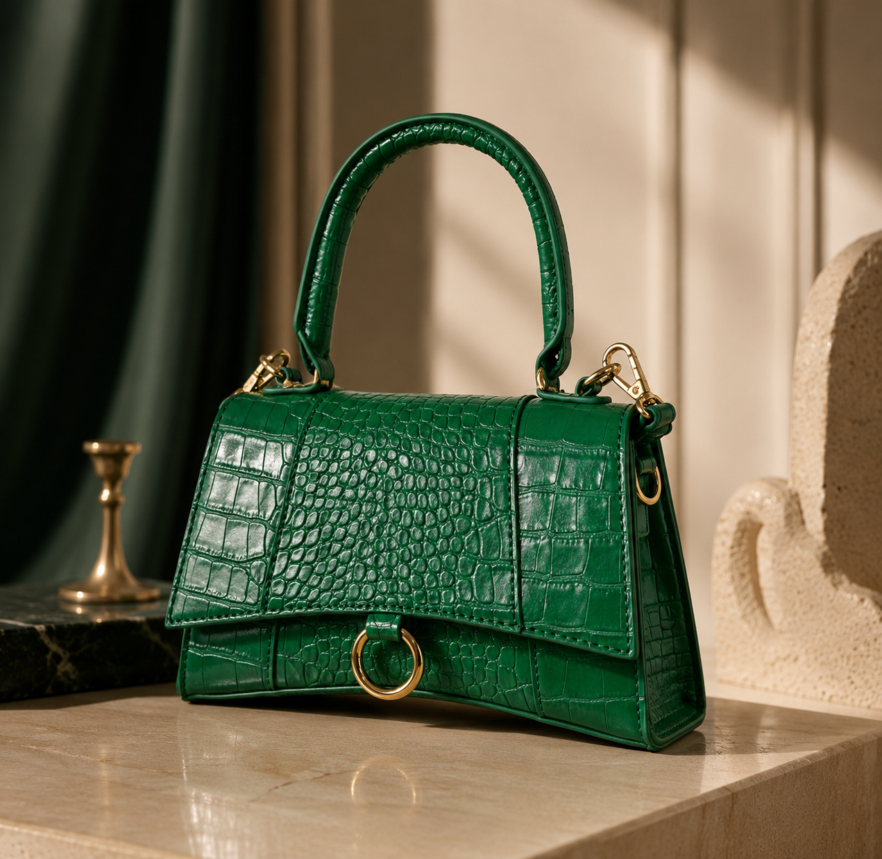 A structured green crocodile-embossed handbag with a top handle and gold-tone hardware, displayed on a polished stone surface in an elegant interior setting.