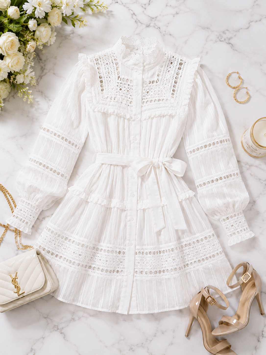 A white long-sleeve lace blouse with a high collar, ruffled neckline, and matching waist tie, styled in a flat lay on a marble surface with flowers, shoes, jewelry, and a handbag.