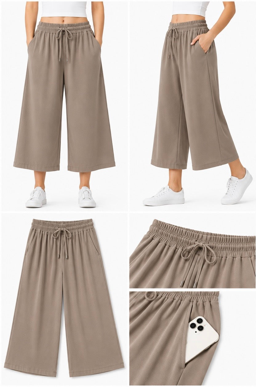 Collage of beige wide-leg pants with a person wearing them on a white background.