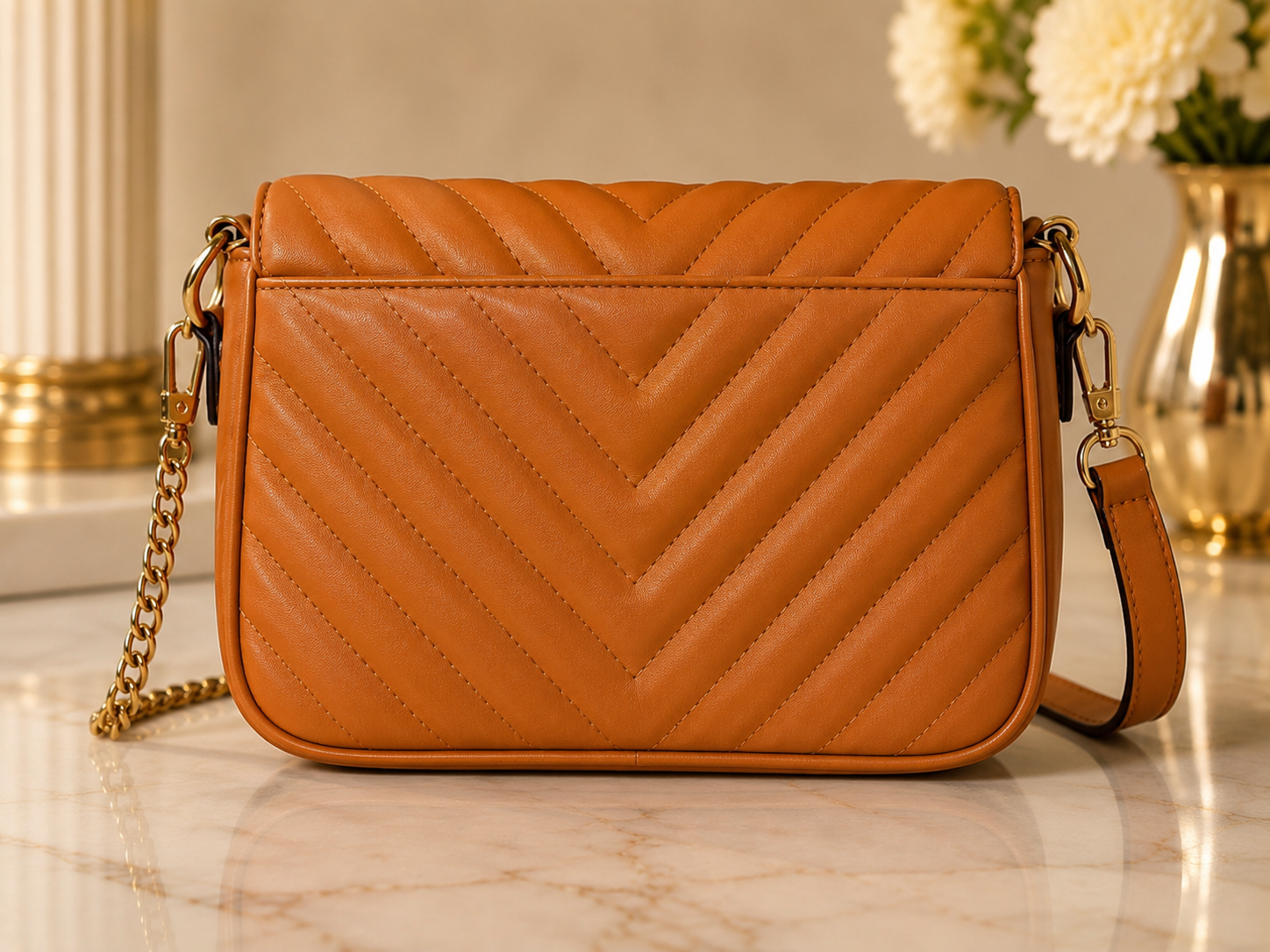A tan quilted leather shoulder bag with a chevron pattern, featuring a gold chain strap and a matching leather strap, displayed on a marble surface with a blurred background.