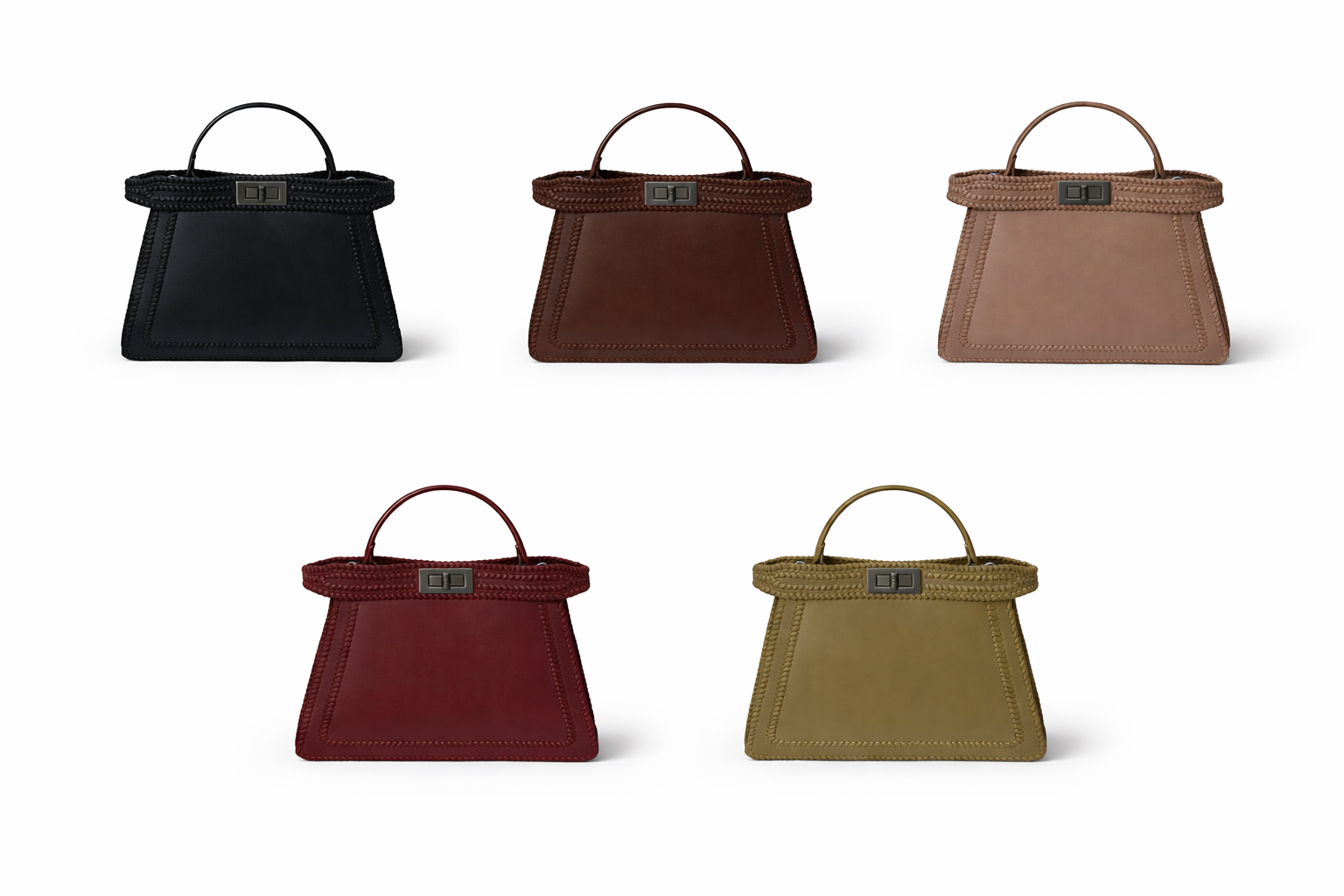 Five handbags in black, brown, red, and green on a white background