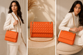 Woman holding an orange quilted handbag with gold chain strap, close-up of the bag, and the woman sitting on a couch.