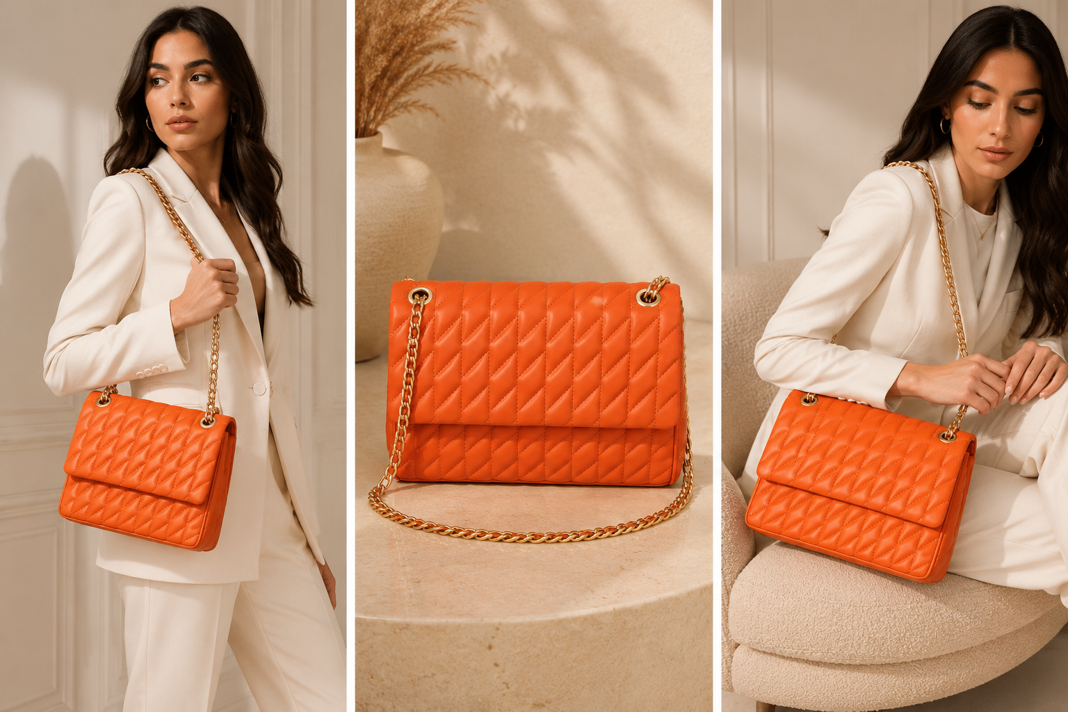 Woman holding an orange quilted handbag with gold chain strap, close-up of the bag, and the woman sitting on a couch.