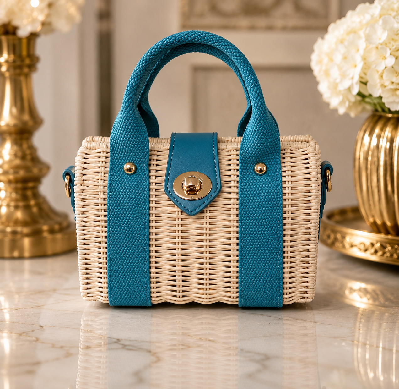 A small woven wicker handbag with bright teal blue handles and side panels, gold-tone hardware, and a central flap closure, displayed on a polished marble surface with decorative gold vases in the background.
