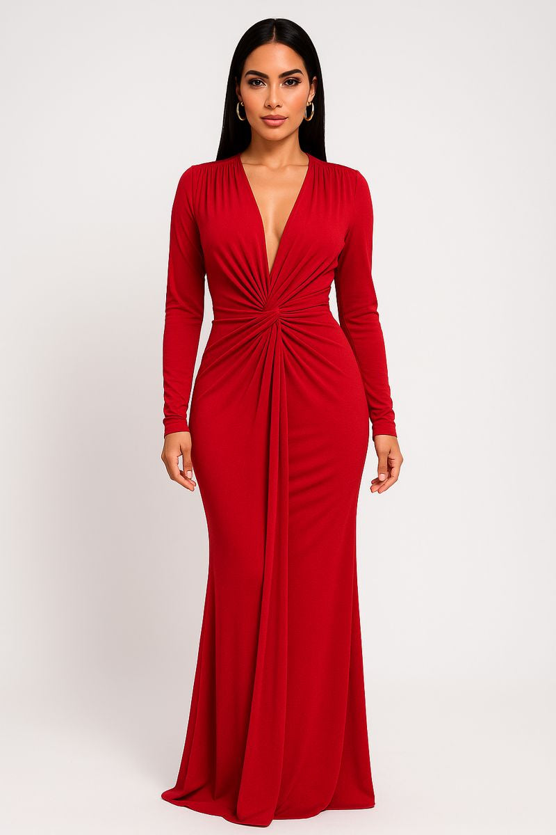 Red evening gown with long sleeves on a white background