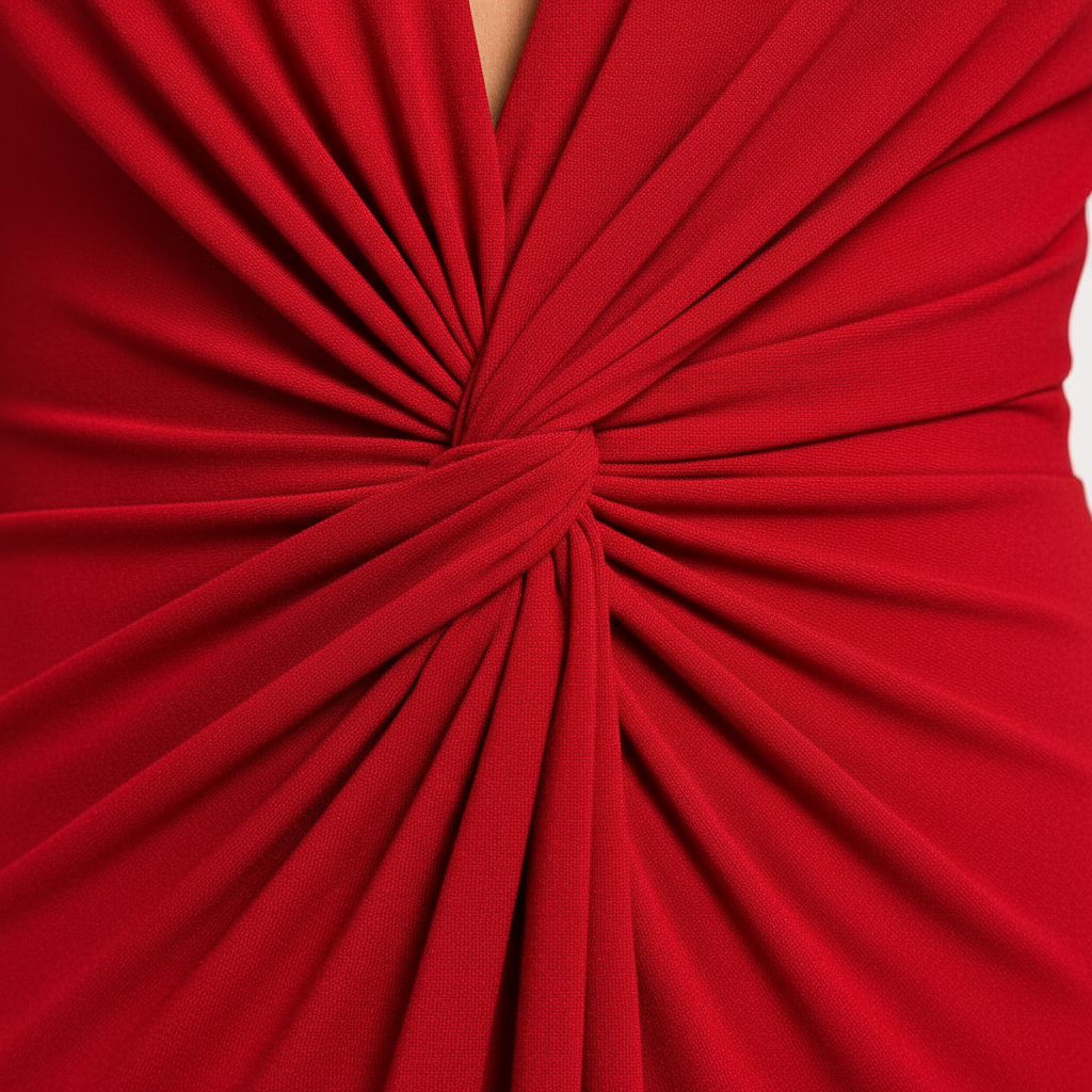 A close-up of a bright red dress with a dramatic gathered twist detail at the center front, showing the draped fabric texture and a sliver of skin at the neckline.
