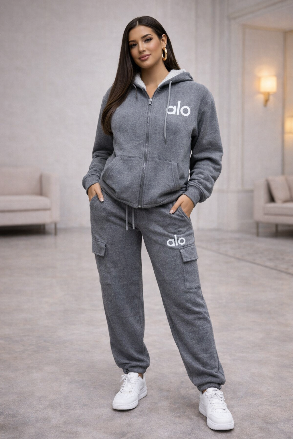 Woman wearing a gray 'alo' tracksuit in a modern room.