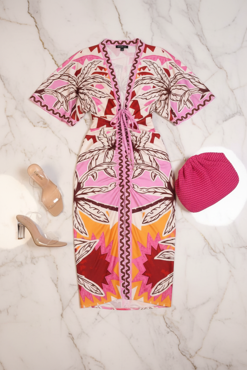 A short-sleeve wrap dress with a vibrant pink, orange, and brown palm tree pattern, styled in a flat lay with beige high-heeled sandals and a pink knit hat on a white marble background.