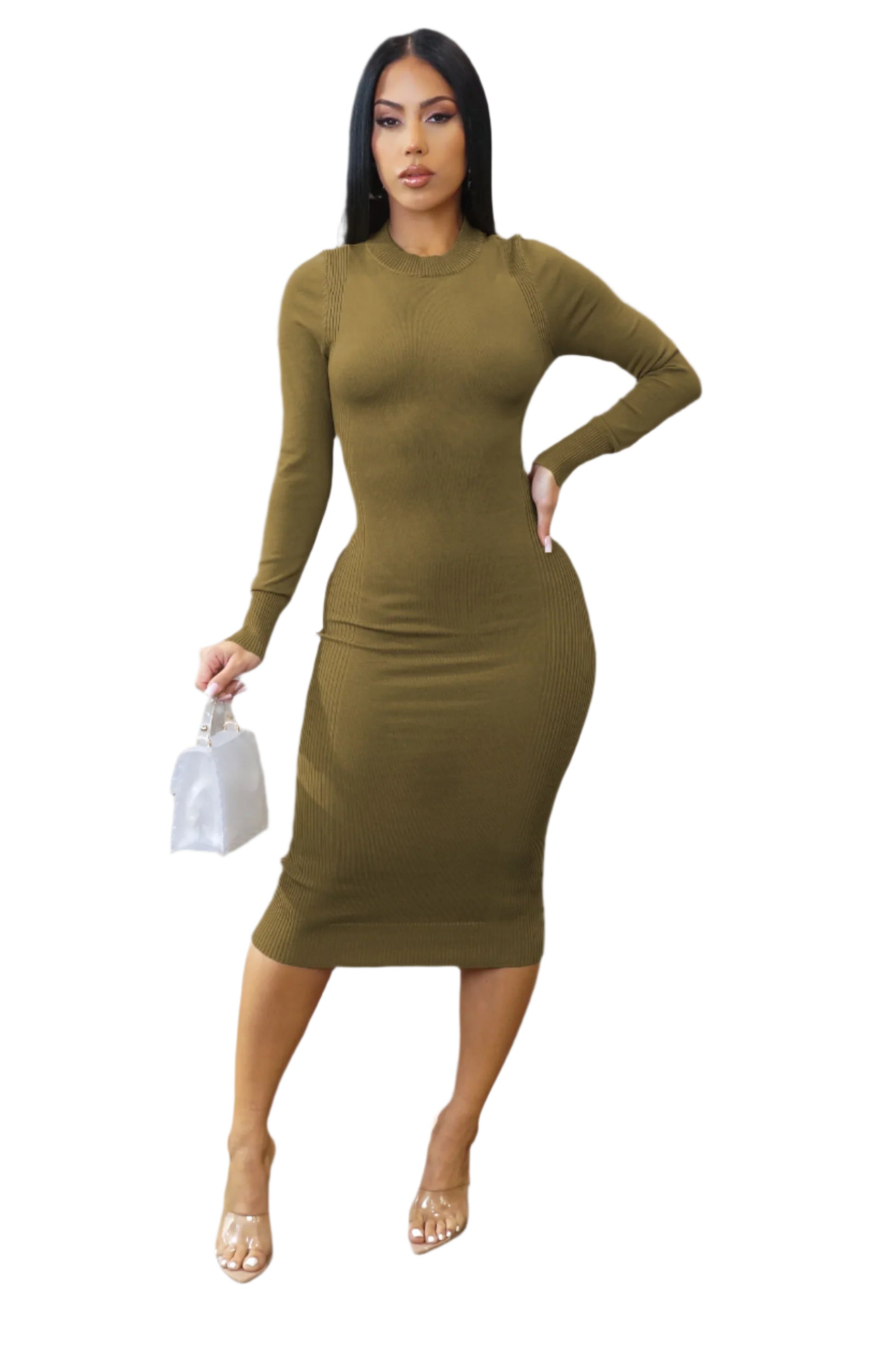Woman wearing a green dress holding a white bag on a white background