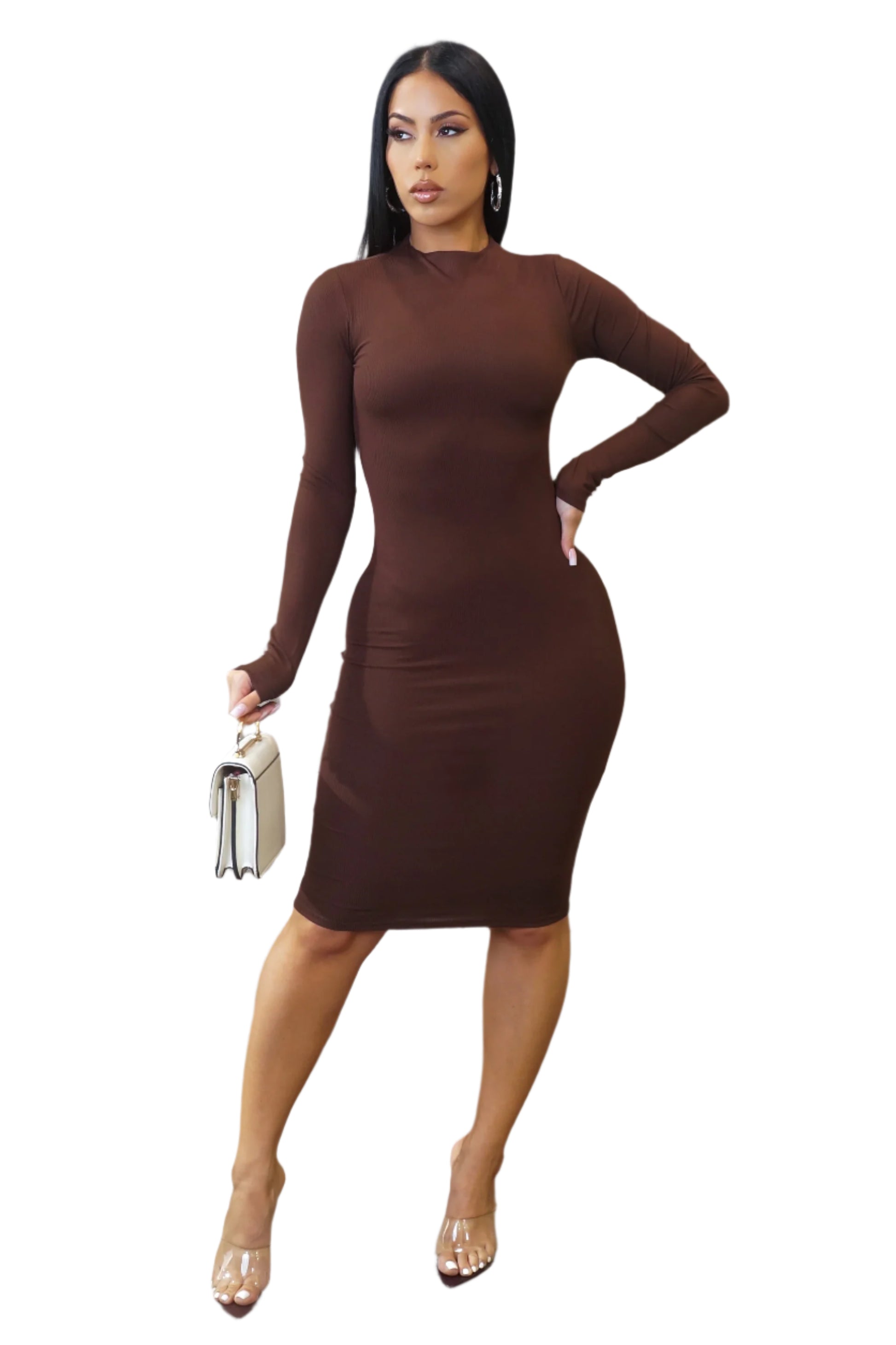 Woman wearing a brown long-sleeve dress on a white background