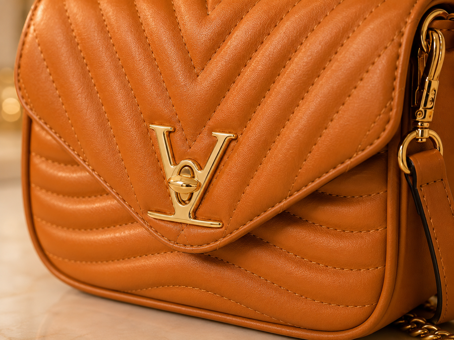 A close-up of a Louis Vuitton quilted leather shoulder bag in a warm camel brown, featuring the signature gold-tone LV logo on the front flap and a matching quilted chevron pattern.