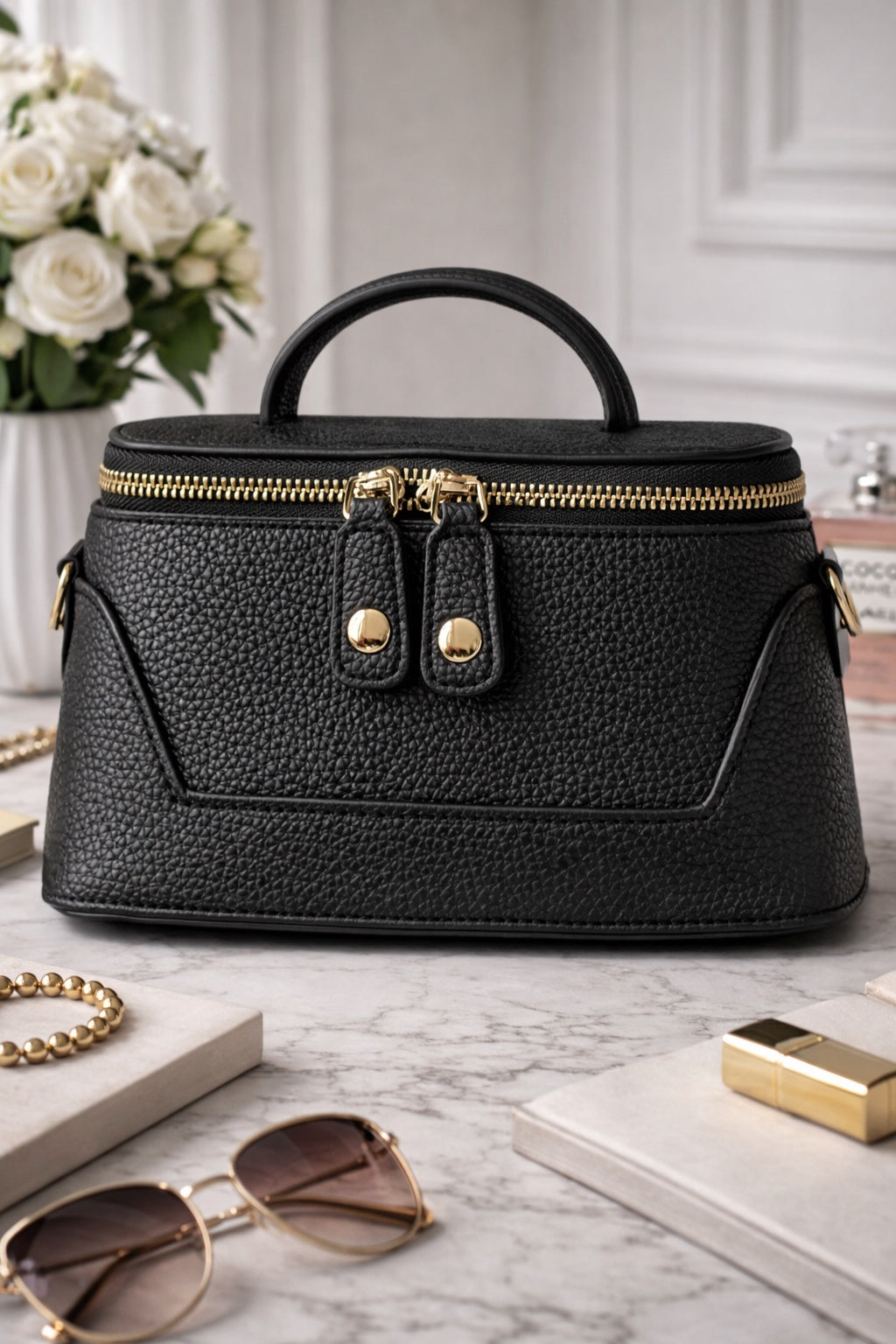 Black handbag with gold accents on a marble surface with sunglasses and a book.