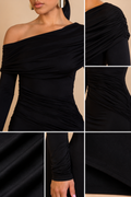 A black off-the-shoulder long-sleeve dress shown in a six-panel collage, highlighting the draped neckline, fitted bodice, ruched detailing, sleeve texture, and hemline. The model is cropped from the lower face to the hand against a warm beige studio background.